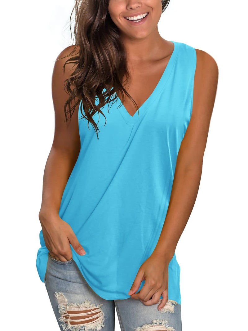 SAMPEEL Cute Summer Tank Tops for Women Cami Vest Sleeveless Tee Solid Lakeblue L - Image 1